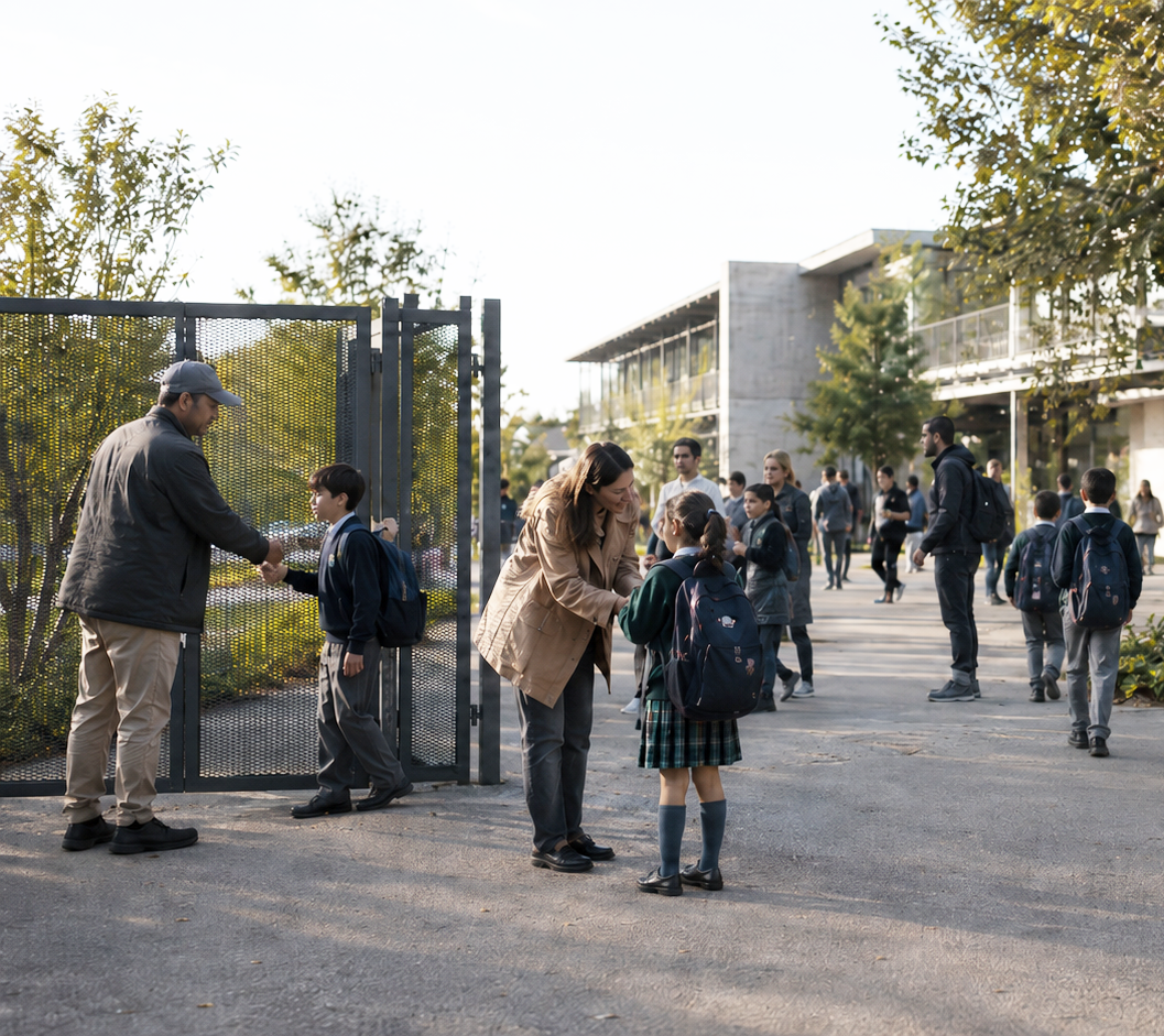 Entrada de colegio con estudiantes, familias y apoderados llegando en una mañana luminosa.