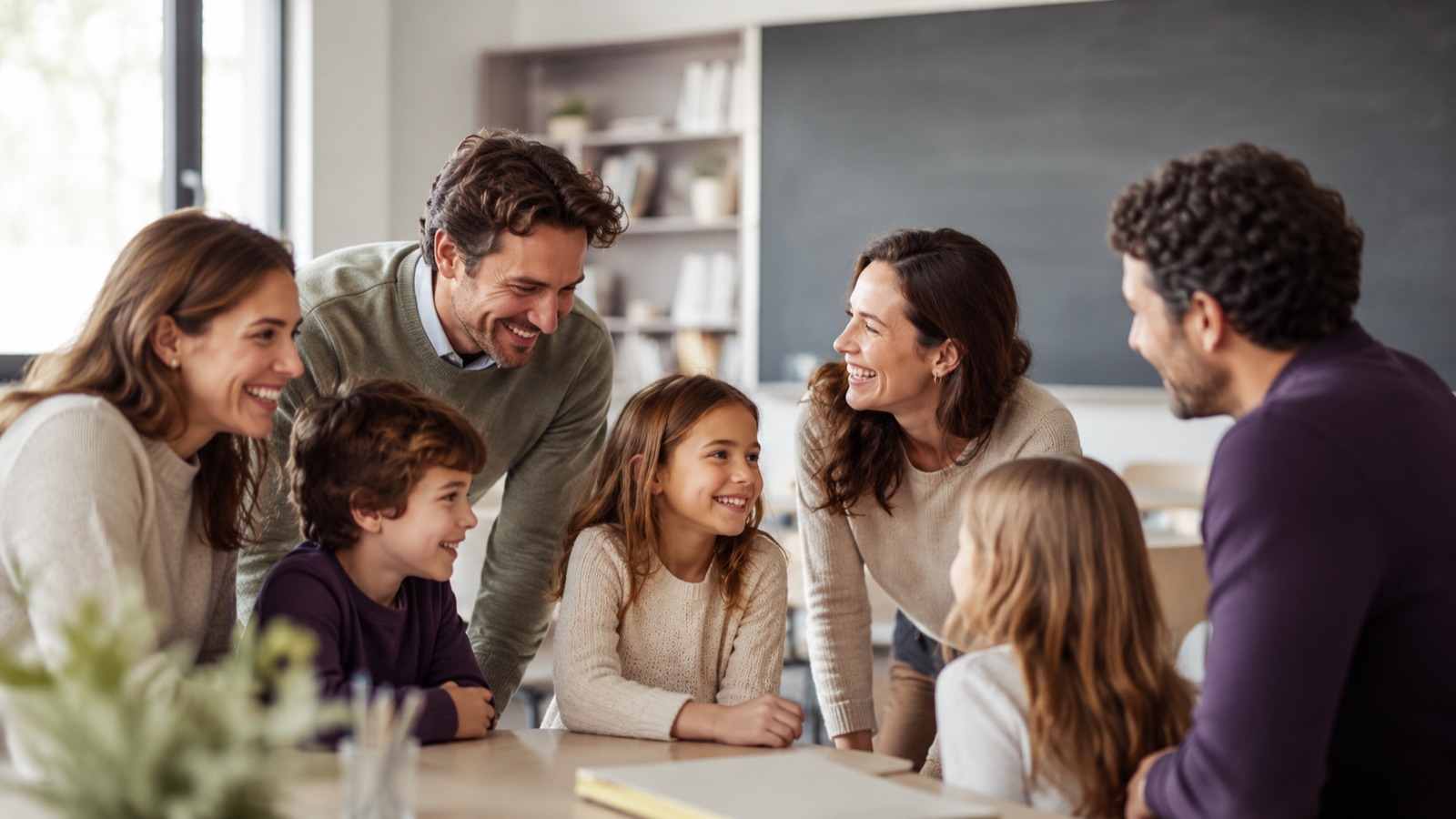 Familias y estudiantes conversando en una comunidad escolar